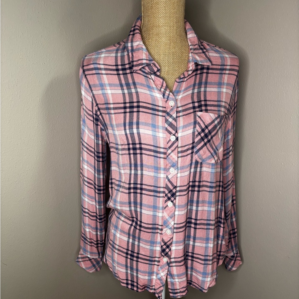 Time and Tru Plaid Pink Long Sleeve Button Front Flannel Shirt Women Soft Size S